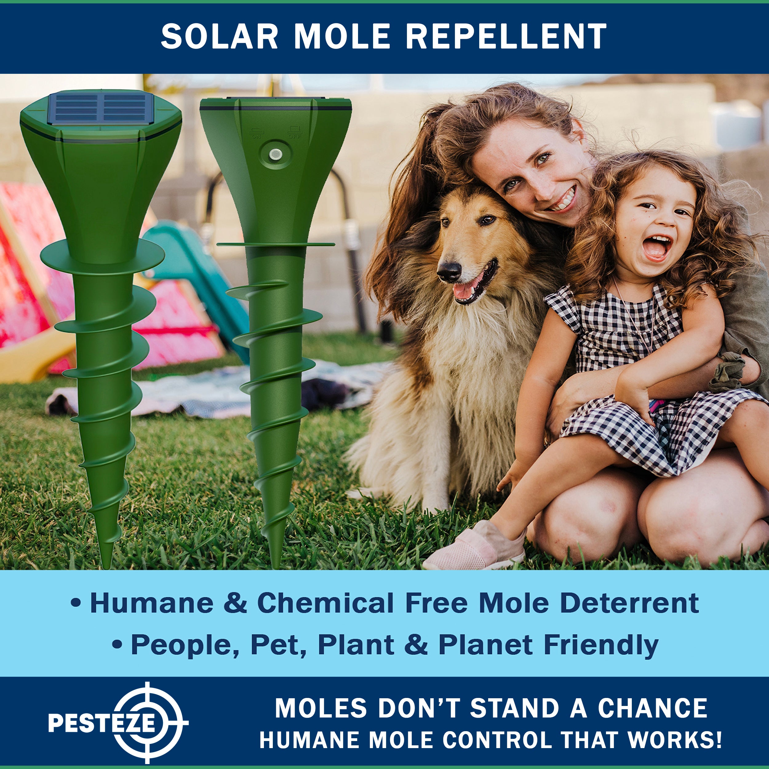 2 Pack PESTEZE® Reusable Solar Mole, Snake, Gopher, Vole, Chipmunk, Groundhog & Woodchuck Repeller. Vibration Quietly & Humanely Deters Burrowing Rodents from Destroying Yard. Waterproof & EZ Install
