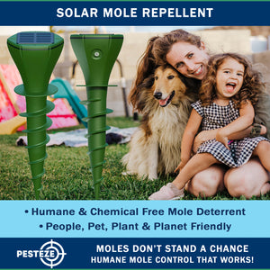2 Pack PESTEZE® Reusable Solar Mole, Snake, Gopher, Vole, Chipmunk, Groundhog & Woodchuck Repeller. Vibration Quietly & Humanely Deters Burrowing Rodents from Destroying Yard. Waterproof & EZ Install
