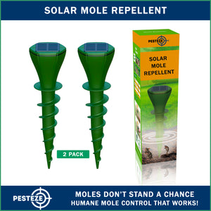 2 Pack PESTEZE® Reusable Solar Mole, Snake, Gopher, Vole, Chipmunk, Groundhog & Woodchuck Repeller. Vibration Quietly & Humanely Deters Burrowing Rodents from Destroying Yard. Waterproof & EZ Install