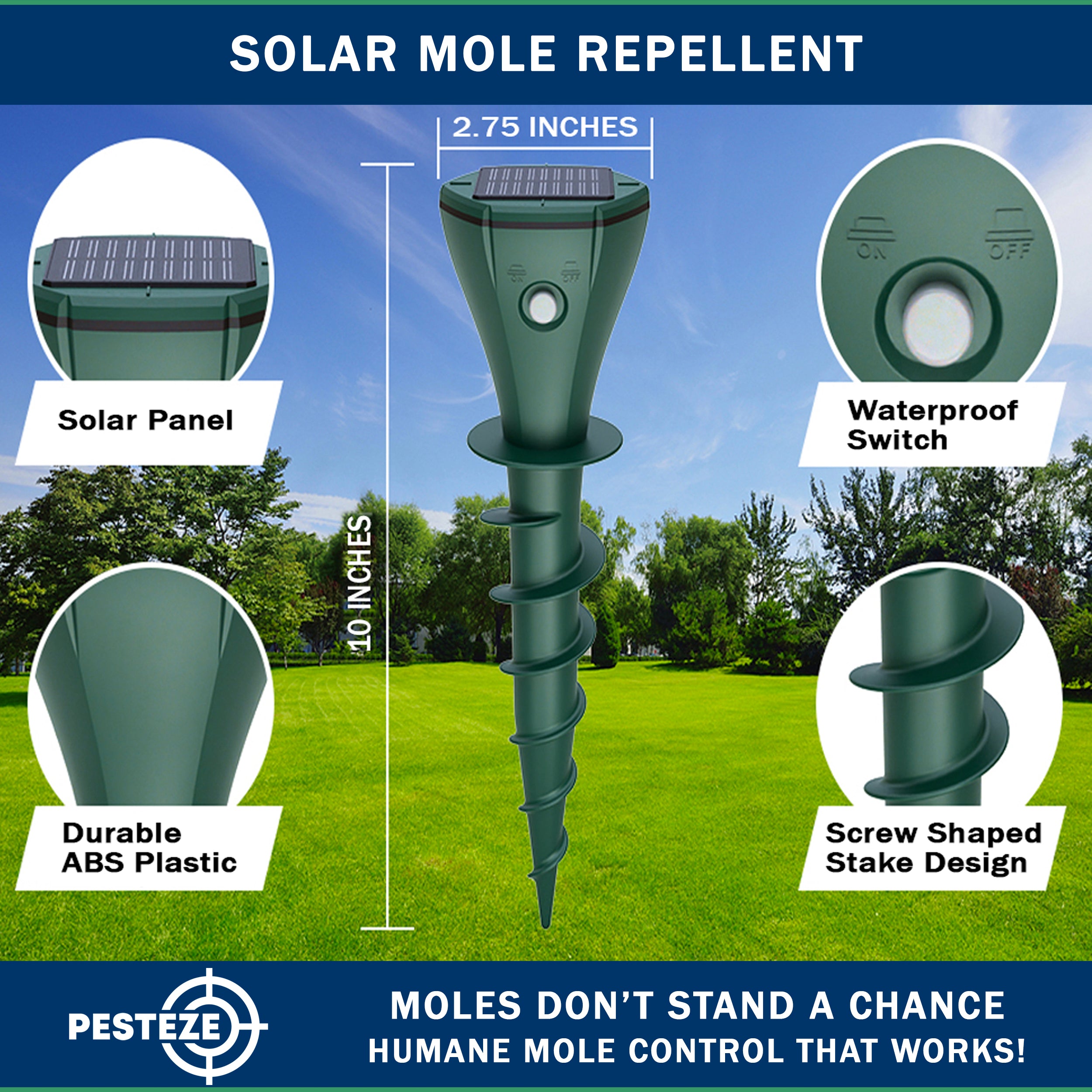2 Pack PESTEZE® Reusable Solar Mole, Snake, Gopher, Vole, Chipmunk, Groundhog & Woodchuck Repeller. Vibration Quietly & Humanely Deters Burrowing Rodents from Destroying Yard. Waterproof & EZ Install