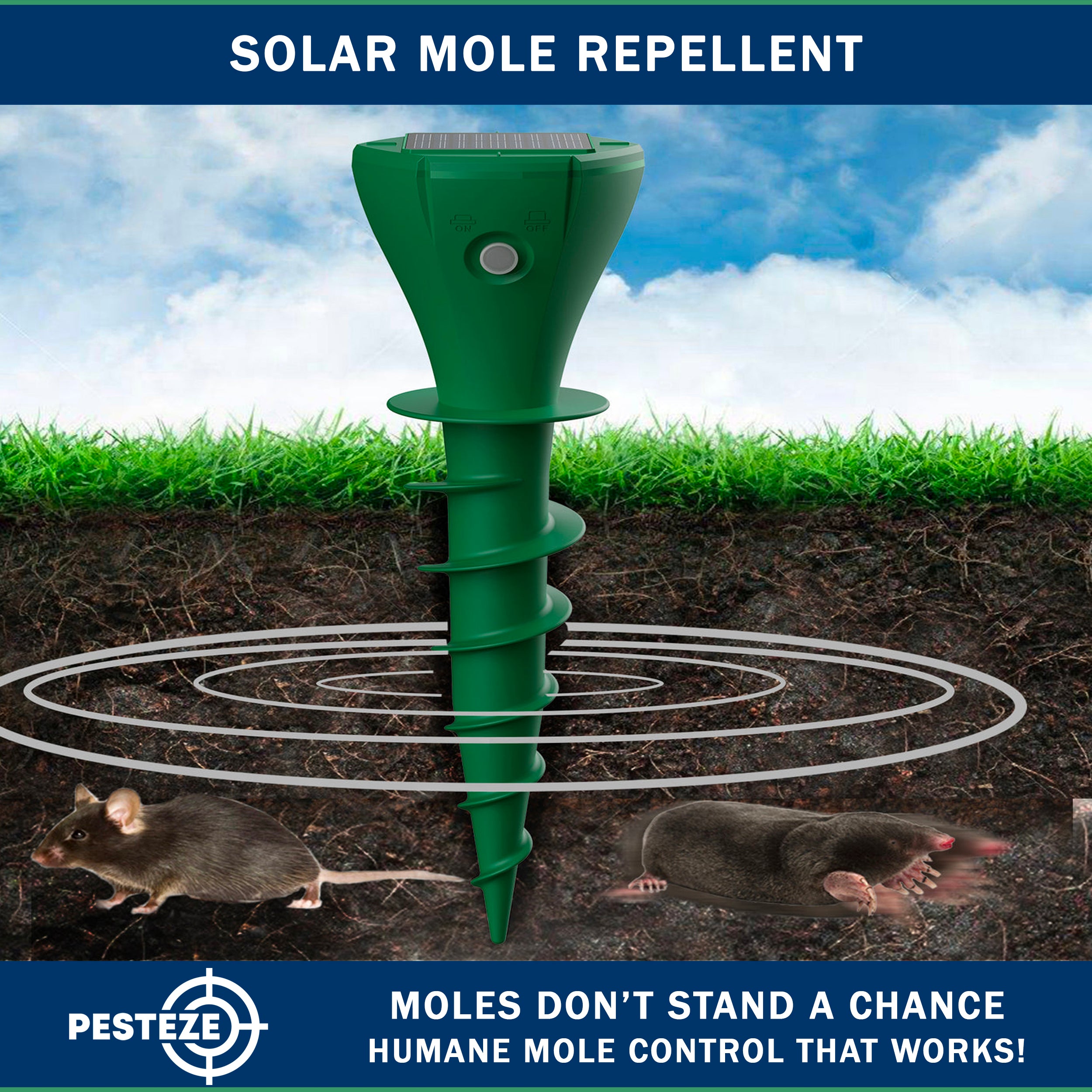 2 Pack PESTEZE® Reusable Solar Mole, Snake, Gopher, Vole, Chipmunk, Groundhog & Woodchuck Repeller. Vibration Quietly & Humanely Deters Burrowing Rodents from Destroying Yard. Waterproof & EZ Install