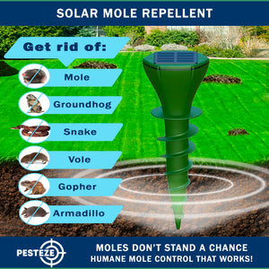 2 Pack PESTEZE® Reusable Solar Mole, Snake, Gopher, Vole, Chipmunk, Groundhog & Woodchuck Repeller. Vibration Quietly & Humanely Deters Burrowing Rodents from Destroying Yard. Waterproof & EZ Install