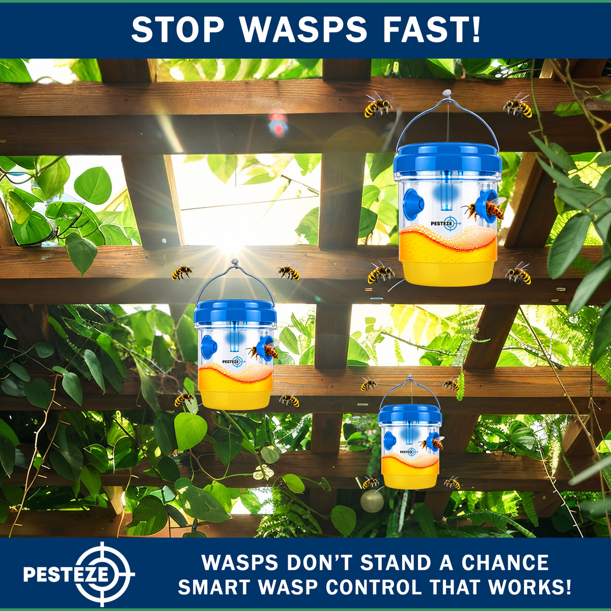 PESTEZE® USA Reusable Solar Hanging Wasp Trap with LED Light [Blue: 3.5 x 4.4 Inch] Attracts, & Stop Wasp, Hornet, Yellow Jacket & Insect Species 24/7 Without Harsh– Waterproof Outdoor Trap