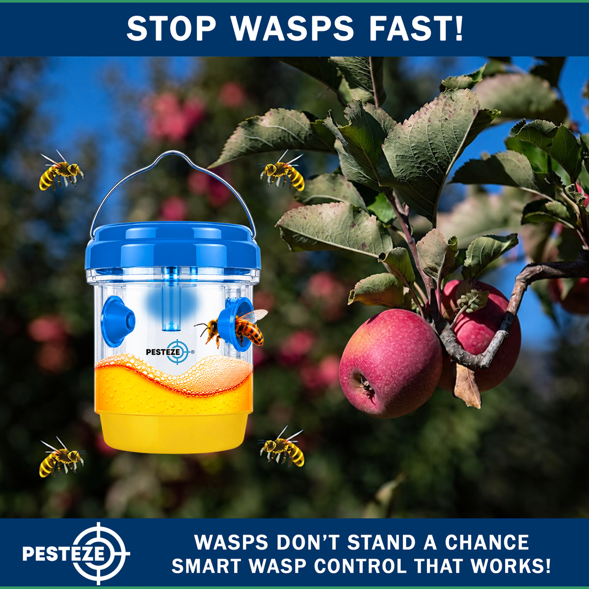 PESTEZE® USA Reusable Solar Hanging Wasp Trap with LED Light [Blue: 3.5 x 4.4 Inch] Attracts, & Stop Wasp, Hornet, Yellow Jacket & Insect Species 24/7 Without Harsh– Waterproof Outdoor Trap