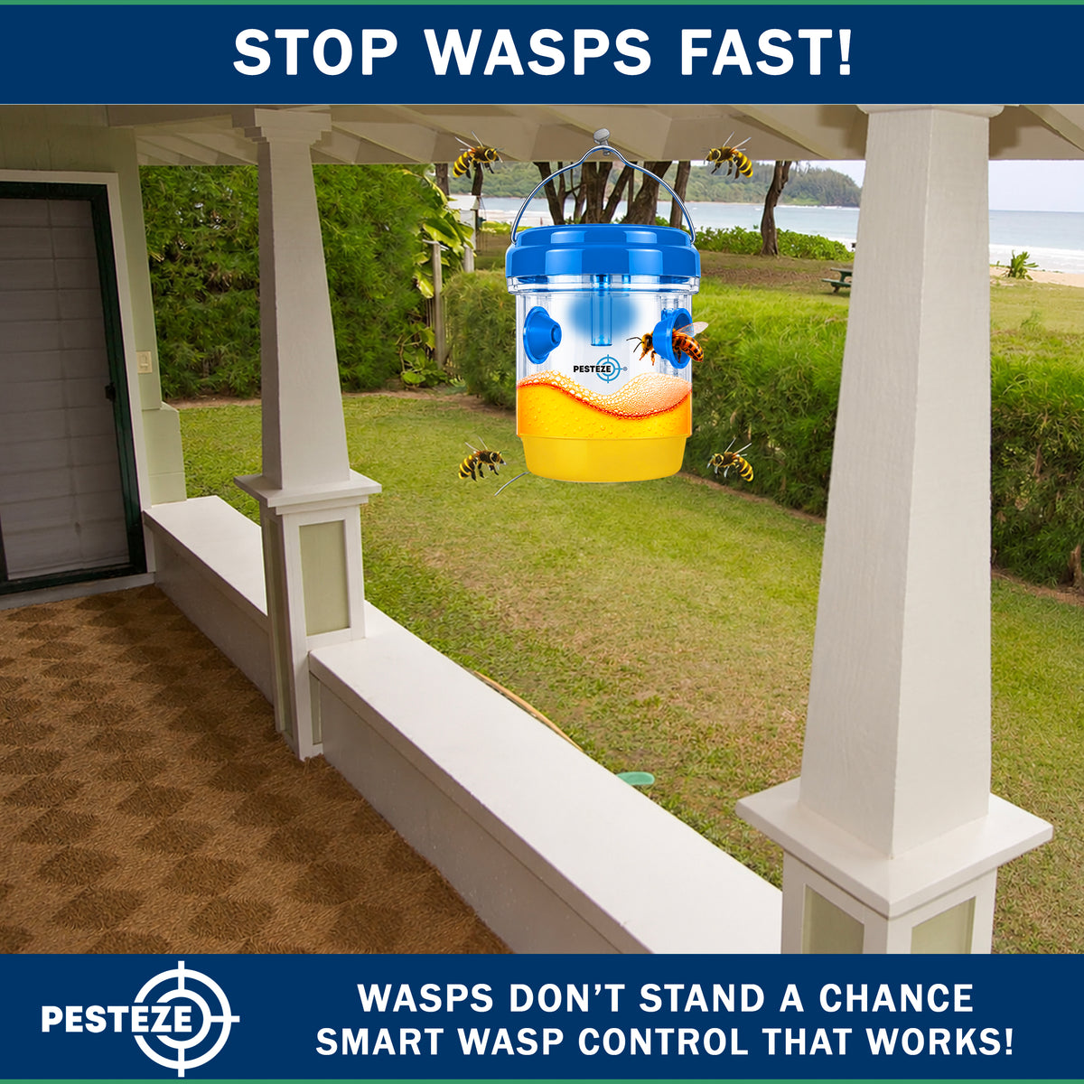 PESTEZE® USA Reusable Solar Hanging Wasp Trap with LED Light [Blue: 3.5 x 4.4 Inch] Attracts, & Stop Wasp, Hornet, Yellow Jacket & Insect Species 24/7 Without Harsh– Waterproof Outdoor Trap
