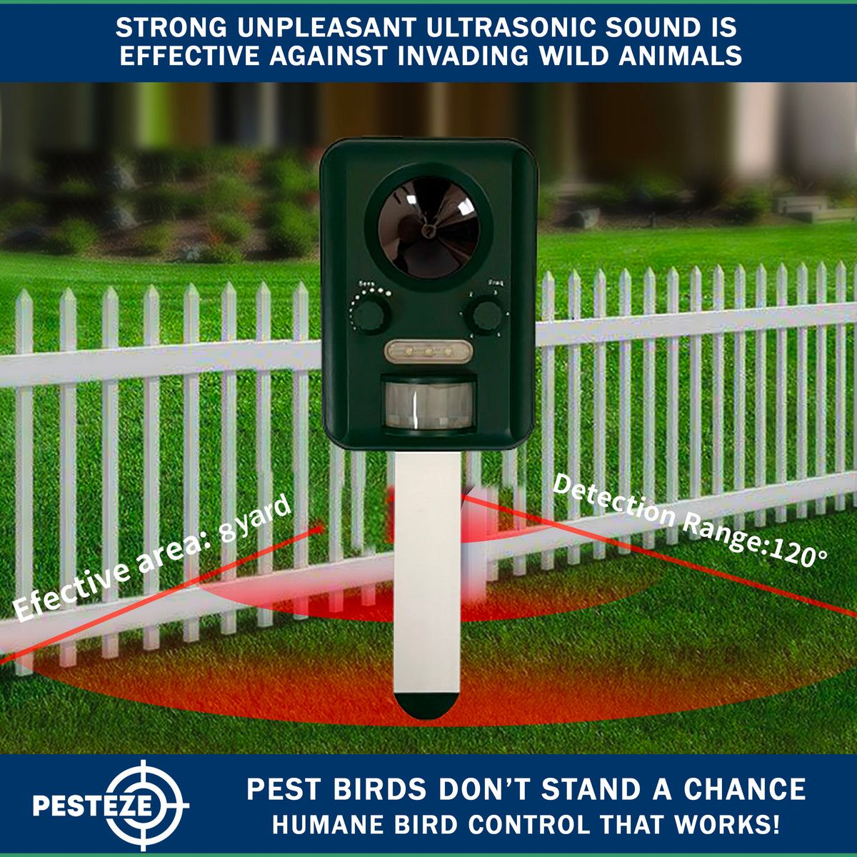 PESTEZE® Solar Ultrasonic Bird Repeller. Detects & Deters  Pest Birds like Woodpeckers, Pigeons, Crows, Ducks, Geese & Critters from Yards using Ultrasonic Sounds. Does not Harm Birds or People - Pesteze