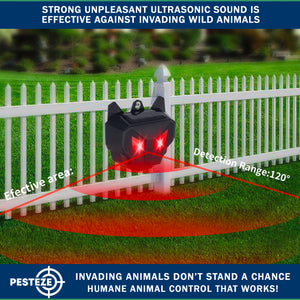 2 Pack PESTEZE® Reusable Solar Nocturnal Animal Repeller. Flickering Red Light Deters Unwanted Animals like Skunk, Deer, Coyote, Fox, Wolf, Rabbit, Raccoon & Birds to Protect Property & Livestock