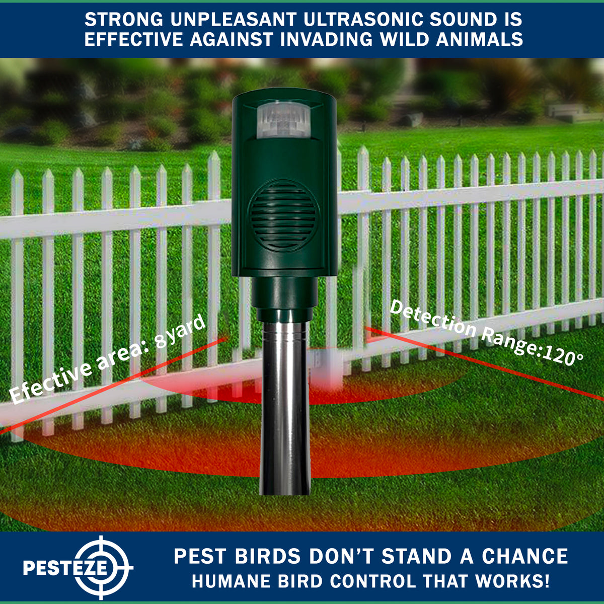 PESTEZE® Battery Bird Sound Repeller. Detects & Deters Pest Birds with Predator Sounds without Harming them to Protect Property. Use to Repel Woodpeckers, Pigeons, Crows, Ducks, Geese & Critters - Pesteze