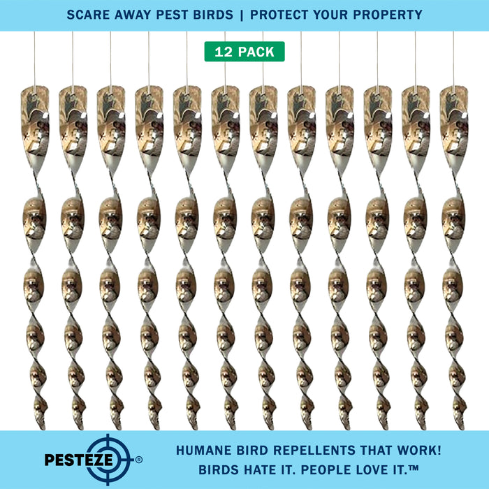 PESTEZE® 12" Bird Scare Silver Shiny Reflective Rods for Outdoors [12 Pack Silver] Repels Pest Birds like Woodpeckers, Sparrows, Pigeons, Crows, Geese & Gulls without Harming them to Protect Property