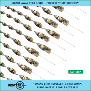 PESTEZE® 12" Bird Scare Silver Shiny Reflective Rods for Outdoors [12 Pack Silver] Repels Pest Birds like Woodpeckers, Sparrows, Pigeons, Crows, Geese & Gulls without Harming them to Protect Property