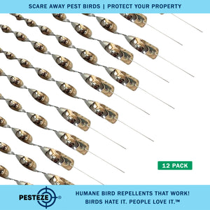 PESTEZE® 12" Bird Scare Silver Shiny Reflective Rods for Outdoors [12 Pack Silver] Repels Pest Birds like Woodpeckers, Sparrows, Pigeons, Crows, Geese & Gulls without Harming them to Protect Property