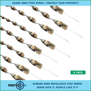PESTEZE® 12" Bird Scare Silver Shiny Reflective Rods for Outdoors [8 Pack Silver] Deters Pest Birds like Woodpeckers, Sparrows, Pigeons, Crows, Geese & Gulls without Harming them to Protect Property