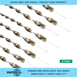 PESTEZE® 12" Bird Scare Silver Shiny Reflective Rods for Outdoors [8 Pack Silver] Deters Pest Birds like Woodpeckers, Sparrows, Pigeons, Crows, Geese & Gulls without Harming them to Protect Property