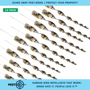 PESTEZE® 12" Bird Scare Silver Shiny Reflective Rods for Outdoors [12 Pack Silver] Repels Pest Birds like Woodpeckers, Sparrows, Pigeons, Crows, Geese & Gulls without Harming them to Protect Property