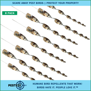 PESTEZE® 12" Bird Scare Silver Shiny Reflective Rods for Outdoors [8 Pack Silver] Deters Pest Birds like Woodpeckers, Sparrows, Pigeons, Crows, Geese & Gulls without Harming them to Protect Property