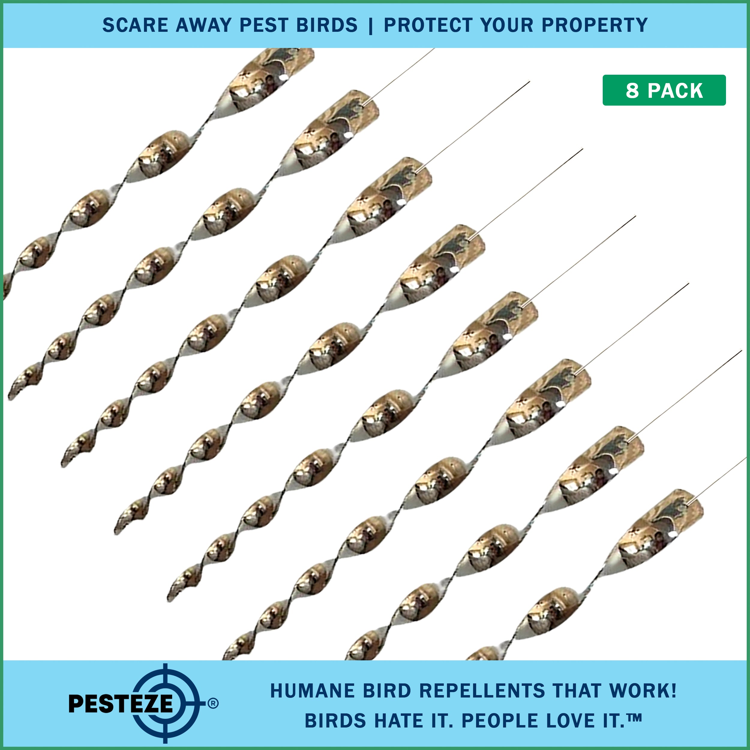 PESTEZE® 12" Bird Scare Silver Shiny Reflective Rods for Outdoors [8 Pack Silver] Deters Pest Birds like Woodpeckers, Sparrows, Pigeons, Crows, Geese & Gulls without Harming them to Protect Property