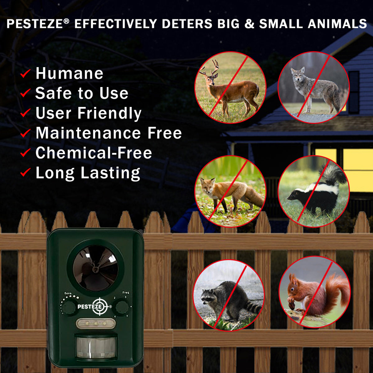 PESTEZE® Solar Ultrasonic Animal Repellent. Detects & Deters Unwanted Animals like Skunk, Deer, Coyote, Fox, Wolf, Rabbitt, Raccoon & Birds. Protect Property & Livestock without Harming Animals or People - Pesteze