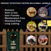 PESTEZE® Solar Ultrasonic Animal Repellent. Detects & Deters Unwanted Animals like Skunk, Deer, Coyote, Fox, Wolf, Rabbitt, Raccoon & Birds. Protect Property & Livestock without Harming Animals or People - Pesteze
