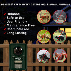 PESTEZE® Solar Ultrasonic Animal Repellent. Detects & Deters Unwanted Animals like Skunk, Deer, Coyote, Fox, Wolf, Rabbitt, Raccoon & Birds. Protect Property & Livestock without Harming Animals or People - Pesteze