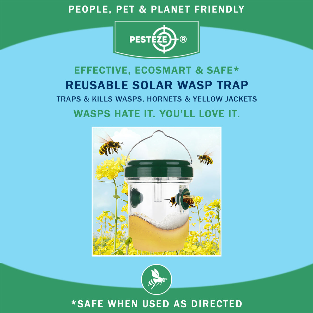 PESTEZE® USA Reusable Solar Hanging Wasp Trap with LED Light [Green: 3.5 x 4.4 Inch] Attracts, & Kills Wasp, Hornet, Yellow Jacket & Insect Species 24/7 Without Harsh Chemicals– Waterproof Outdoor Trap