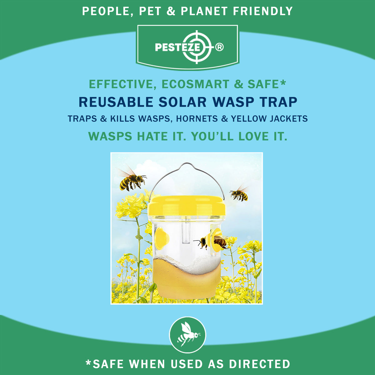 PESTEZE® USA Reusable Solar Hanging Wasp Trap with LED Light [Yellow: 3.5 x 4.4 Inch] Attracts, & Kills Wasp, Hornet, Yellow Jacket & Insect Species 24/7 Without Harsh Chemicals Waterproof Outdoor Trap