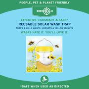 PESTEZE® USA Reusable Solar Hanging Wasp Trap with LED Light [Yellow: 3.5 x 4.4 Inch] Attracts, & Kills Wasp, Hornet, Yellow Jacket & Insect Species 24/7 Without Harsh Chemicals Waterproof Outdoor Trap