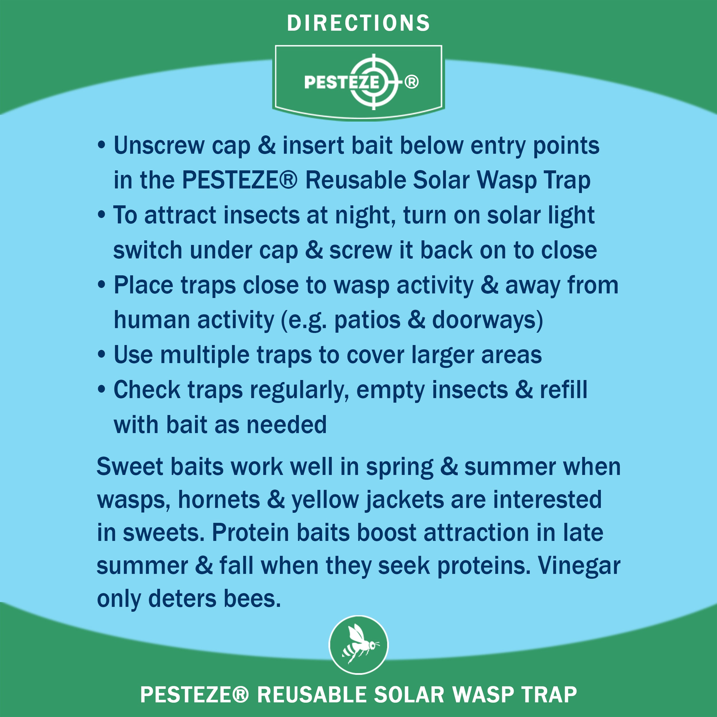 2 Pack PESTEZE® Reusable Solar Hanging Wasp Trap with LED Light [Green: 3.5 X 4.4 Inch] Attracts, Catches & Kills Wasp, Hornet, Yellow Jacket & Insect Species 24/7 without Harsh Chemicals. Waterproof