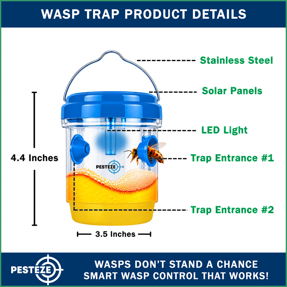 PESTEZE® USA Reusable Solar Hanging Wasp Trap with LED Light [Blue: 3.5 x 4.4 Inch] Attracts, & Stop Wasp, Hornet, Yellow Jacket & Insect Species 24/7 Without Harsh– Waterproof Outdoor Trap