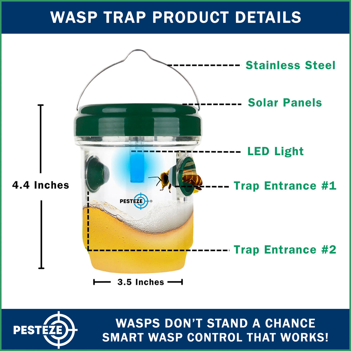 PESTEZE® USA Reusable Solar Hanging Wasp Trap with LED Light [Green: 3.5 x 4.4 Inch] Attracts, & Kills Wasp, Hornet, Yellow Jacket & Insect Species 24/7 Without Harsh Chemicals– Waterproof Outdoor Trap