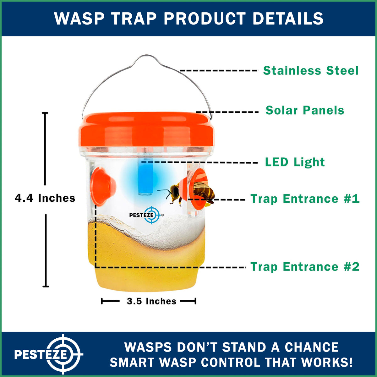 PESTEZE® USA Reusable Solar Hanging Wasp Trap with LED Light [Orange: 3.5 x 4.4 Inch] Attracts, & Kills Wasp, Hornet, Yellow Jacket & Insect Species 24/7 Without Harsh Chemicals Waterproof Outdoor Trap