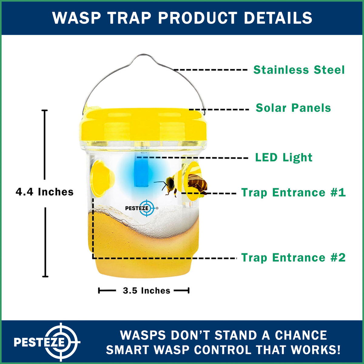 PESTEZE® USA Reusable Solar Hanging Wasp Trap with LED Light [Yellow: 3.5 x 4.4 Inch] Attracts, & Kills Wasp, Hornet, Yellow Jacket & Insect Species 24/7 Without Harsh Chemicals Waterproof Outdoor Trap