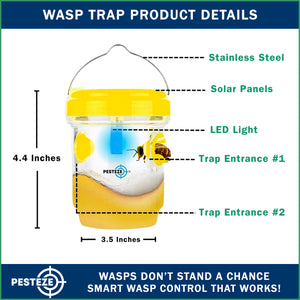 2 Pack PESTEZE® Reusable Solar Hanging Wasp Trap with LED Light [Yellow: 3.5 X 4.4 Inch] Attracts, Catches & Kills Wasp, Hornet, Yellow Jacket & Insect Species 24/7 without Harsh Chemicals. Waterproof