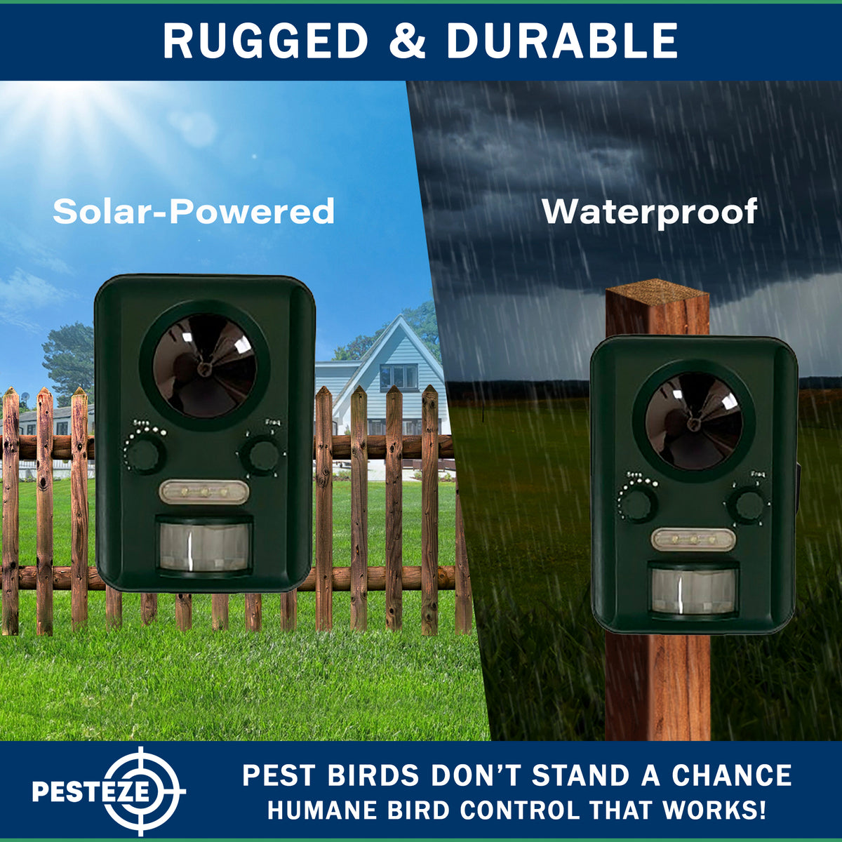 PESTEZE® Solar Ultrasonic Bird Repeller. Detects & Deters  Pest Birds like Woodpeckers, Pigeons, Crows, Ducks, Geese & Critters from Yards using Ultrasonic Sounds. Does not Harm Birds or People - Pesteze
