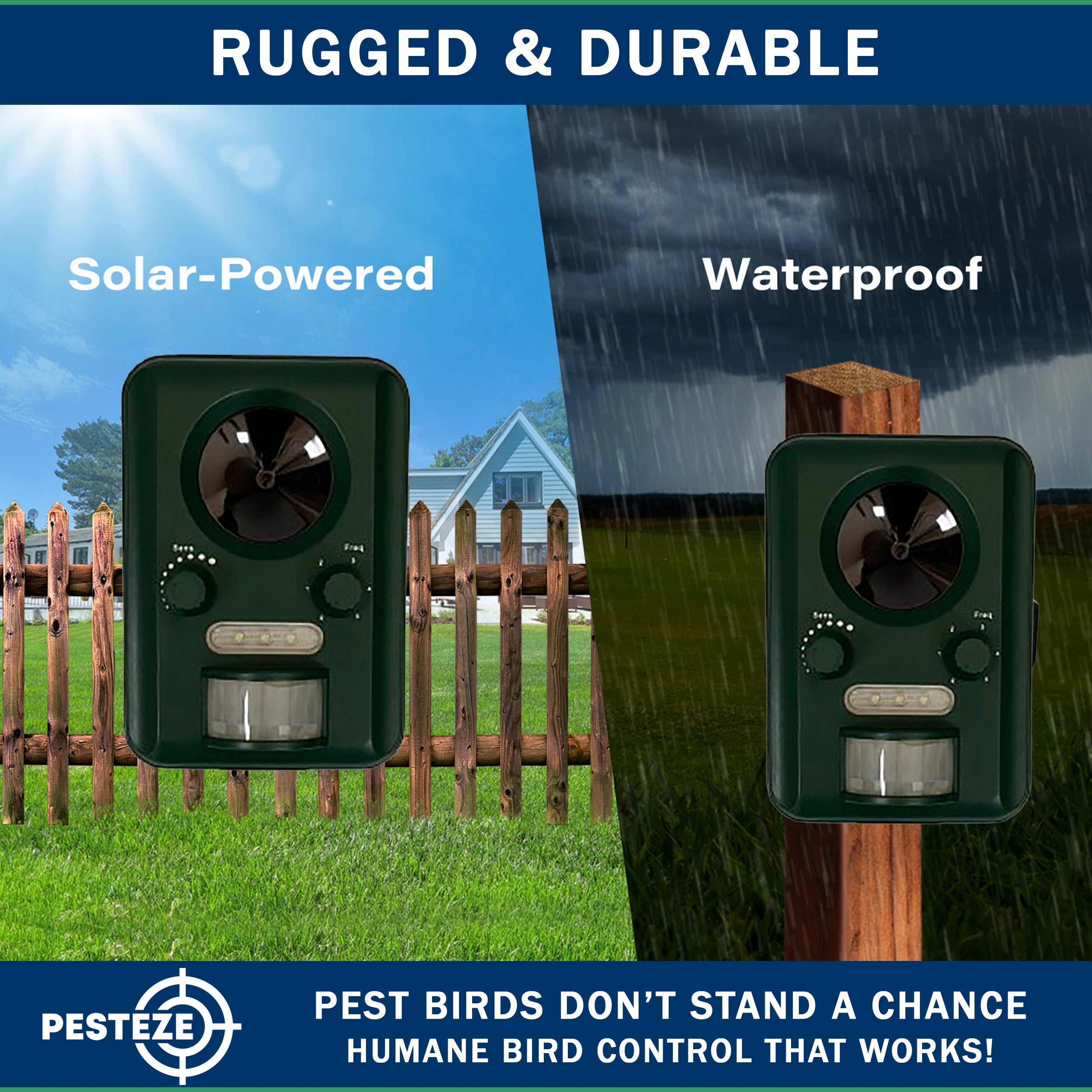 PESTEZE® Solar Ultrasonic Bird Repeller. Detects & Deters  Pest Birds like Woodpeckers, Pigeons, Crows, Ducks, Geese & Critters from Yards using Ultrasonic Sounds. Does not Harm Birds or People - Pesteze