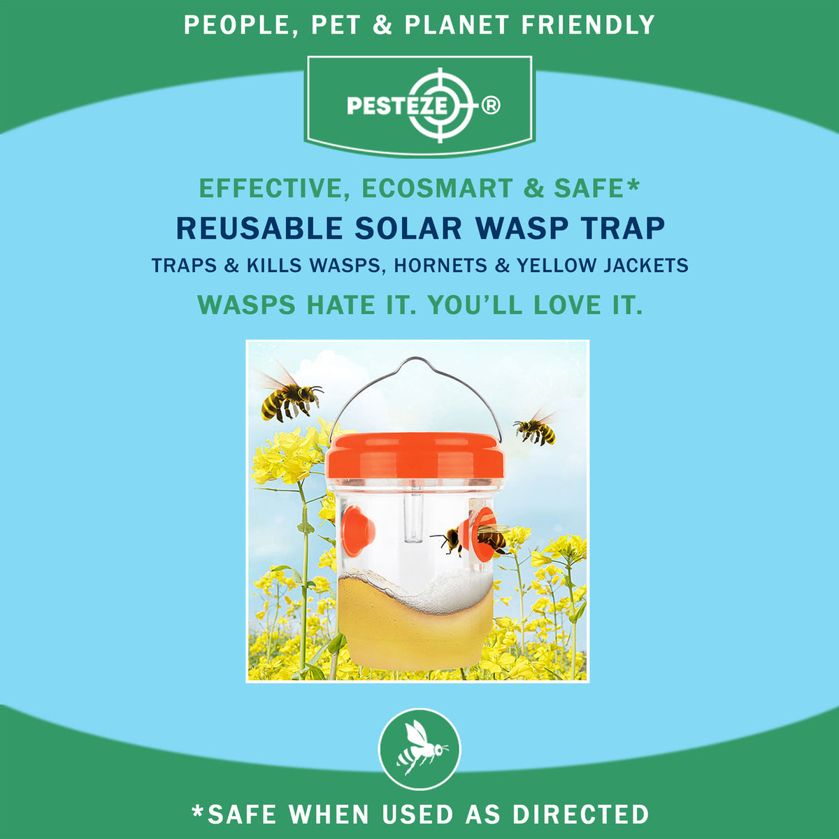 PESTEZE® USA Reusable Solar Hanging Wasp Trap with LED Light [Orange: 3.5 x 4.4 Inch] Attracts, & Kills Wasp, Hornet, Yellow Jacket & Insect Species 24/7 Without Harsh Chemicals Waterproof Outdoor Trap