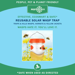 PESTEZE® Reusable Solar Hanging Wasp Trap with LED Light [Orange: 3.5 X 4.4 Inch] Attracts, Catches & Kills Wasp, Hornet, Yellow Jacket & Insect Species 24/7 without Harsh Chemicals. Waterproof
