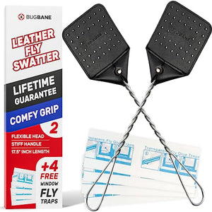 Leather Fly Swatter Manual 2pk with 4 Window Fly Traps. Extremely Heavy Duty Fly Swatter Heavy Duty Flyswatter Swatter Fly Swatters Multi Pack. Fly Swater Fly Swat. Fly Swatter for Indoors Outdoors