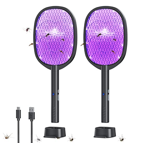 2 Pack Electric Fly Swatter 2 in 1 Bug Zapper Racket & Mosquito Zapper,4000V with USB Charging Base，Powerful Mosquito Swatter with 3 Layers of Safety Net Suitable for Indoor and Outdoor…